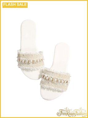 Pearls Chain Flat Sandals Faux Leather Slide Summer Dressy Casual